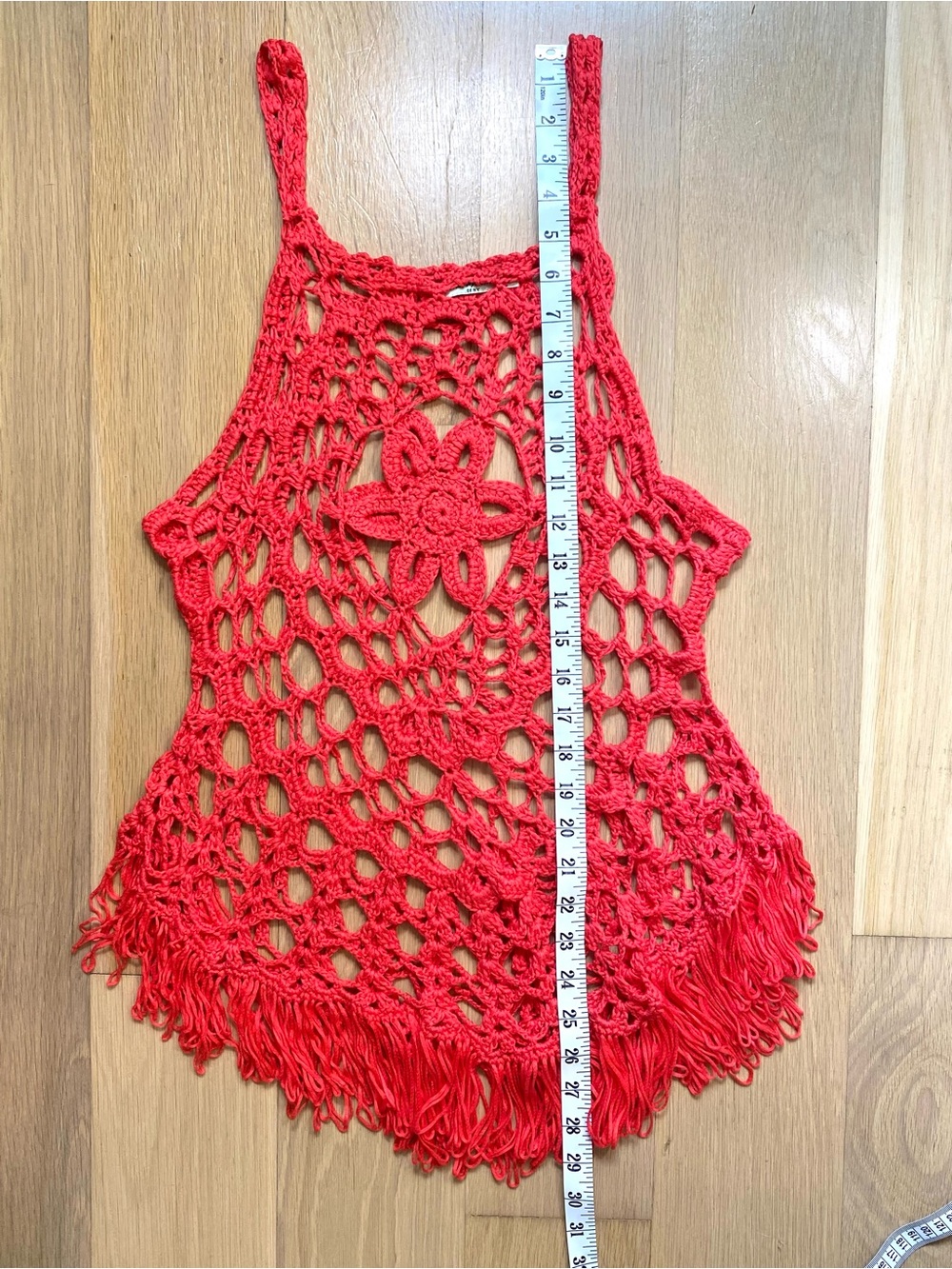 Bright Vibrant Coral Red Boho Crochet Floral Fringe V Tunic Tank Top Cover Up - Picture 7 of 8